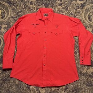 Vtg Plains Western Wear Shirt Mens Size Large Steer Pearl Snap Button Red